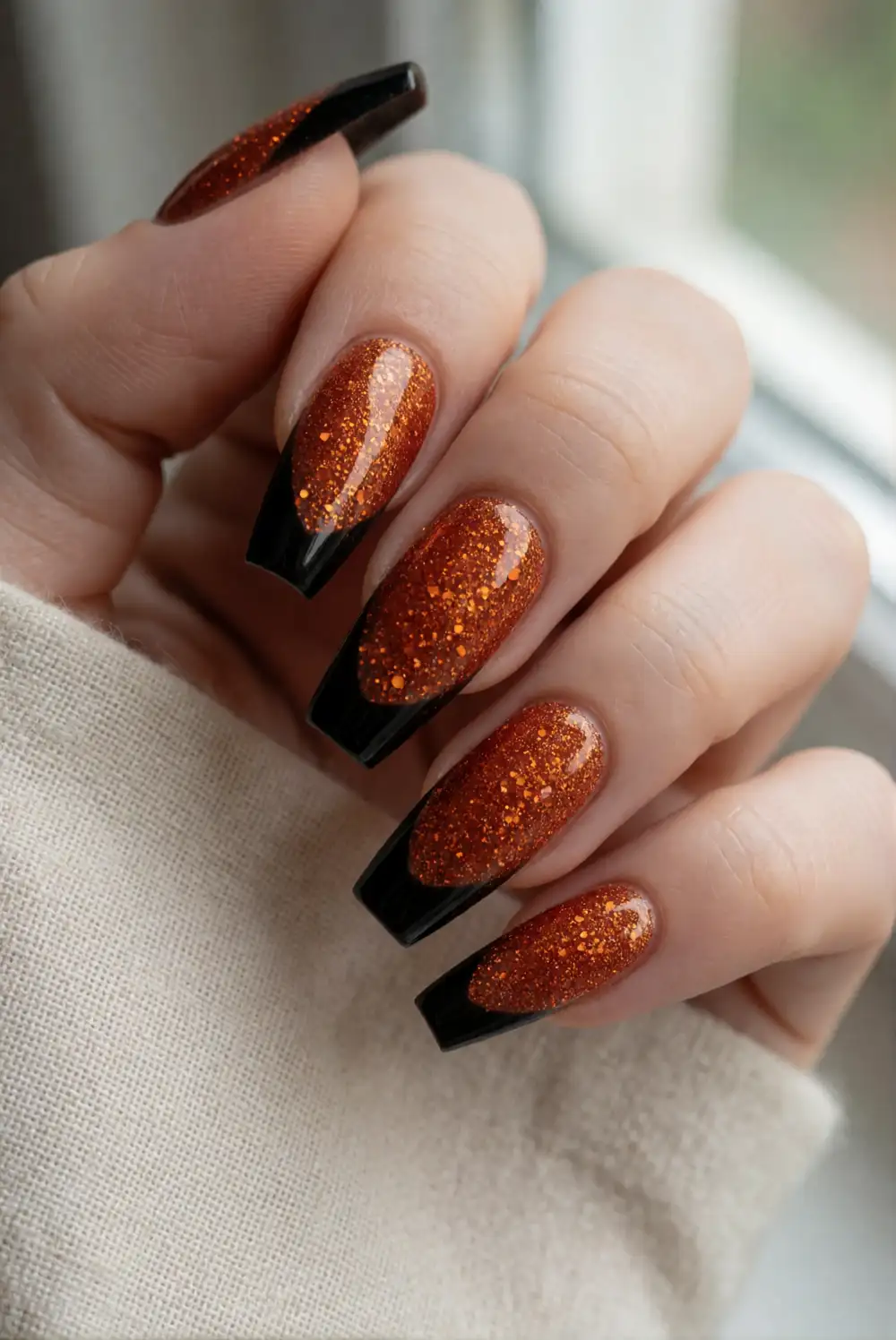Orange Glitter Nails with Black Accent Tips