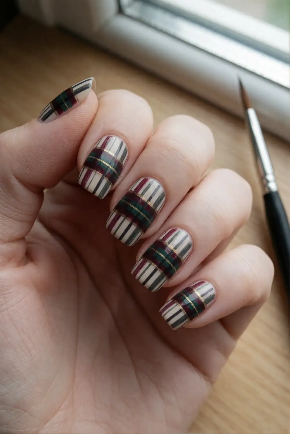 Oxblood and Cream Vintage Plaid Nails