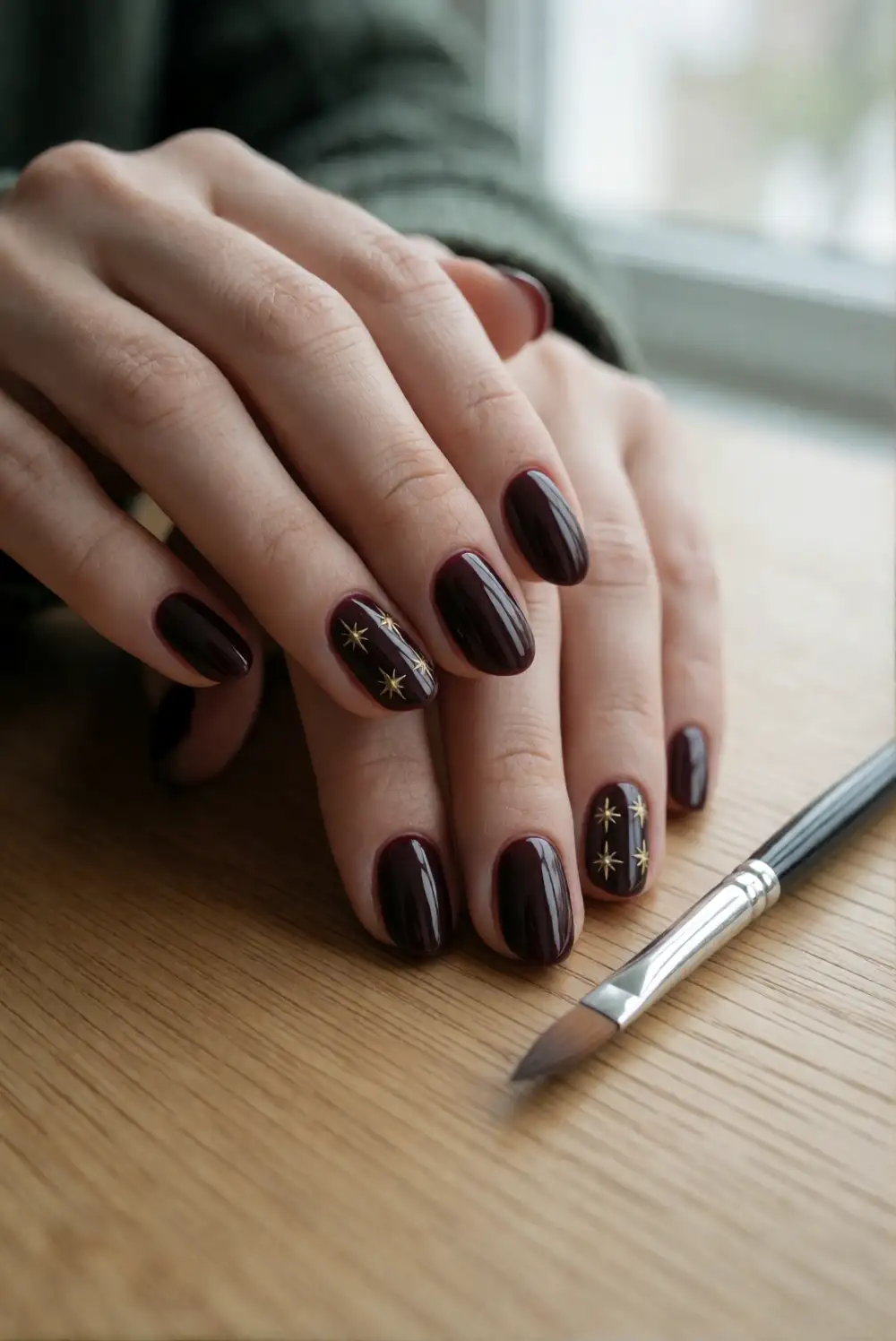 Oxblood Nails with Antique Gold Stars