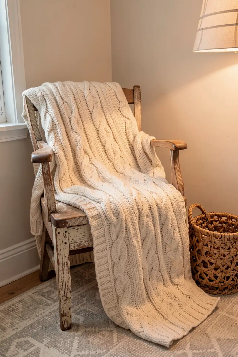 Pair Cable Knit Blankets With Vintage Wood