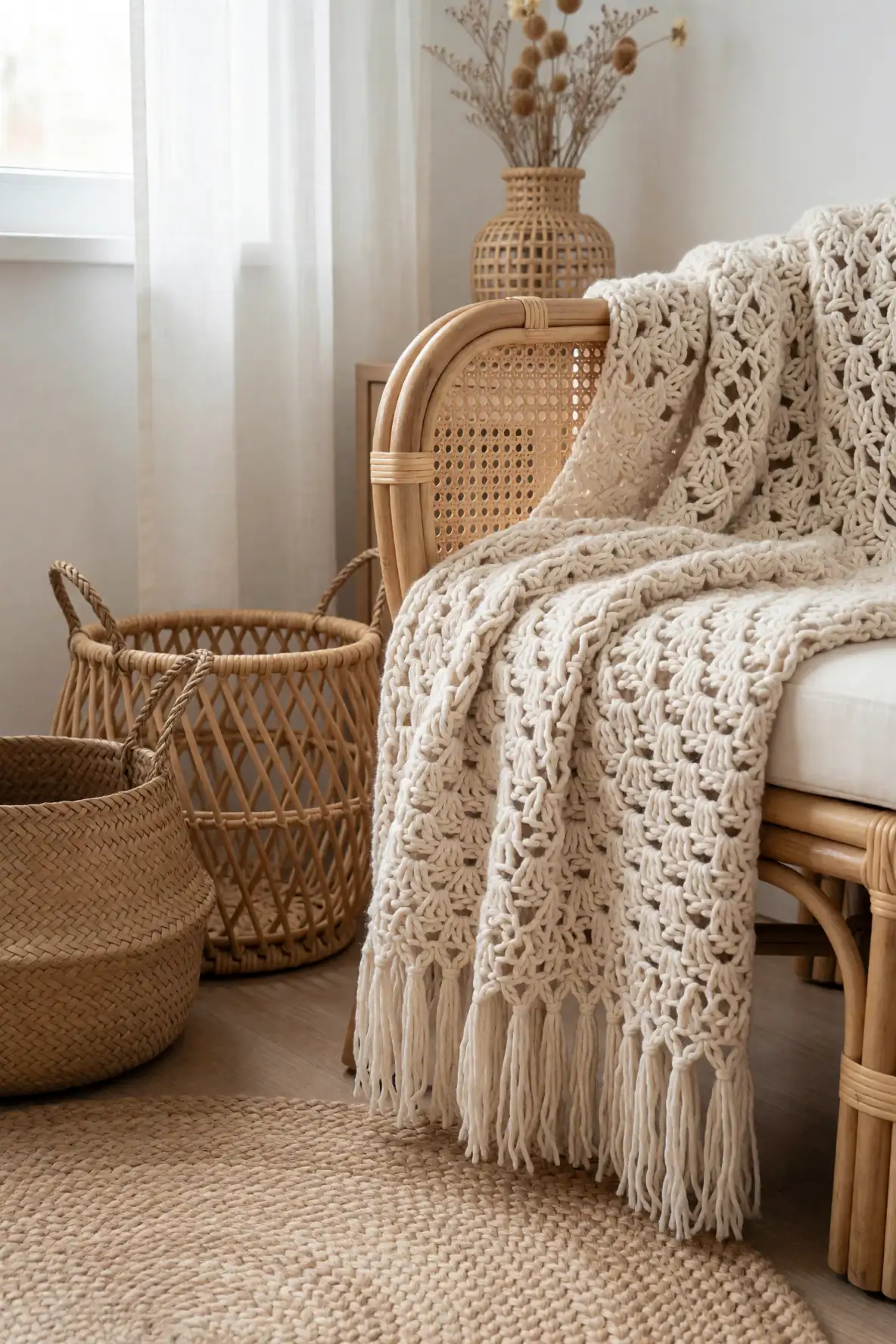 Pairing the Blanket with Rattan and Woven Decor