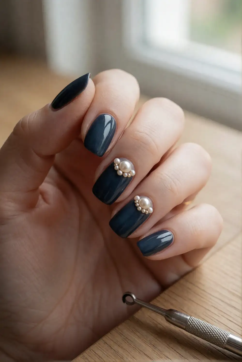 Pearl-Accented Midnight Nails