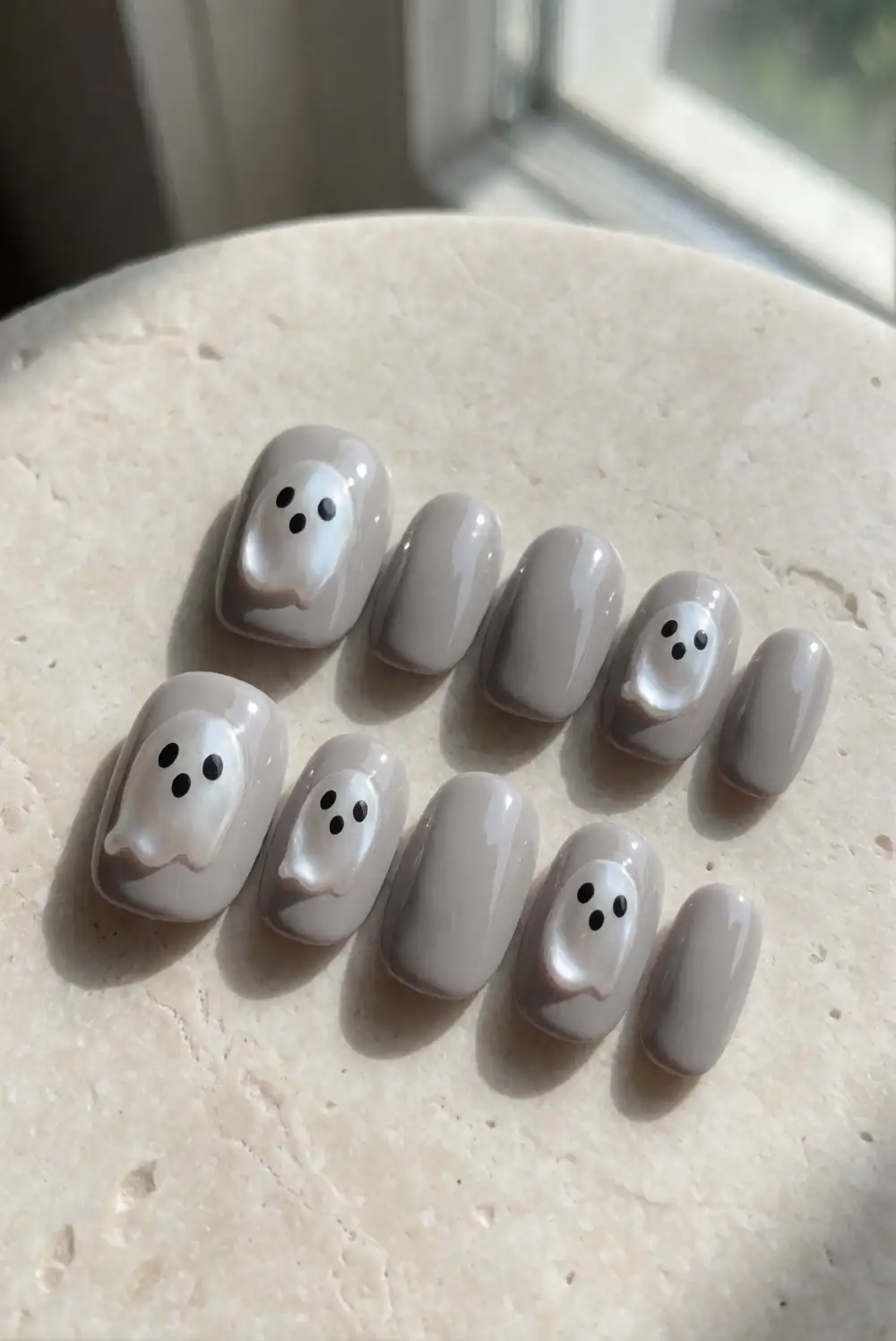 Pearl White Ghosts on Soft Gray Polish
