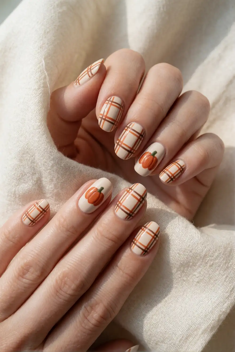 Plaid and Pumpkin Accent Nails