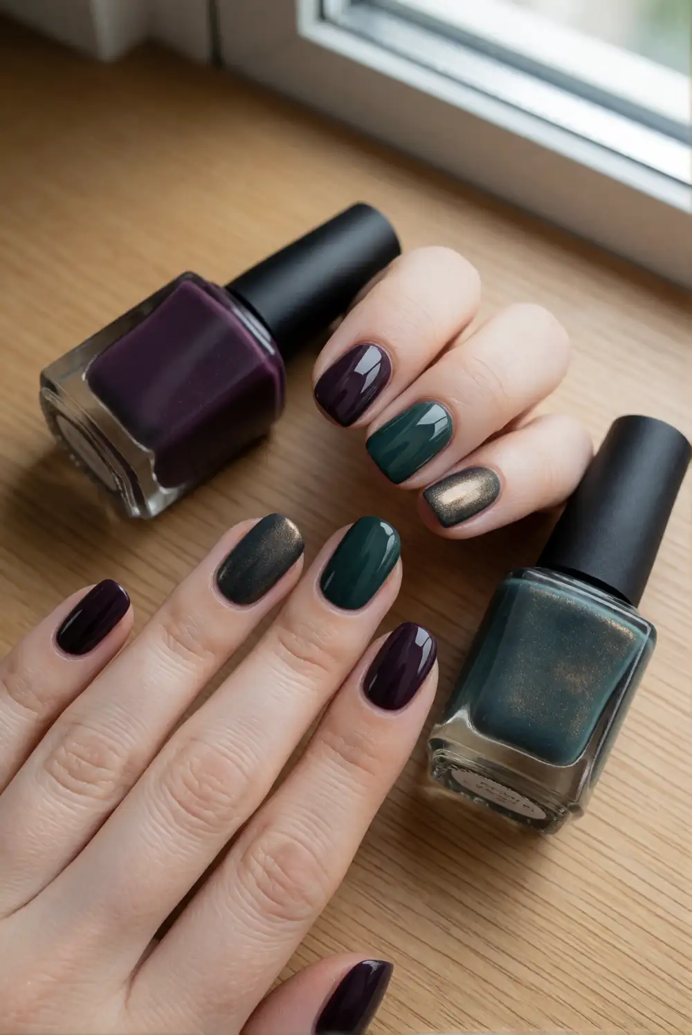 Plum and Forest Green Mismatched Nails