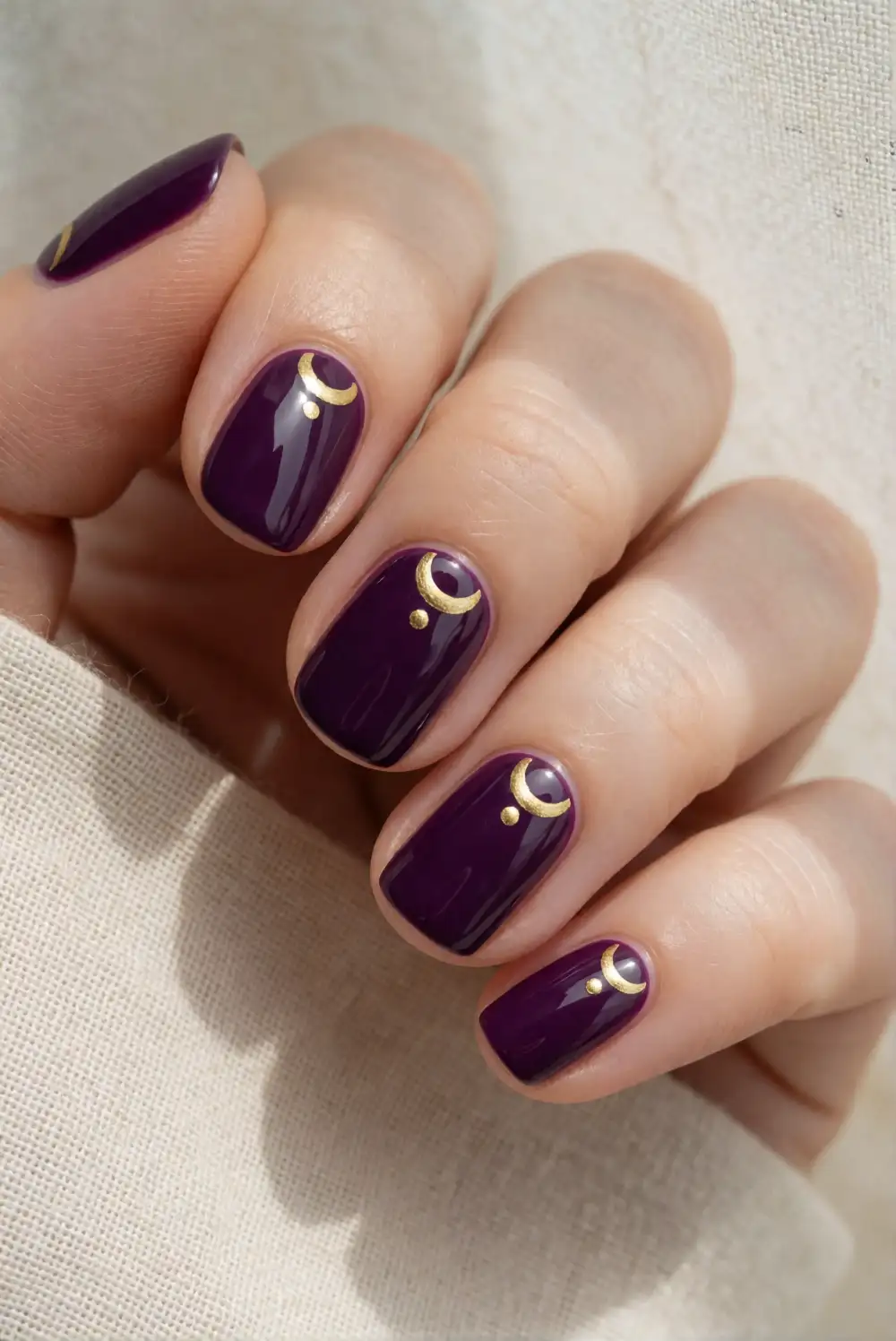 Plum and Gold Crescent Moon Nails