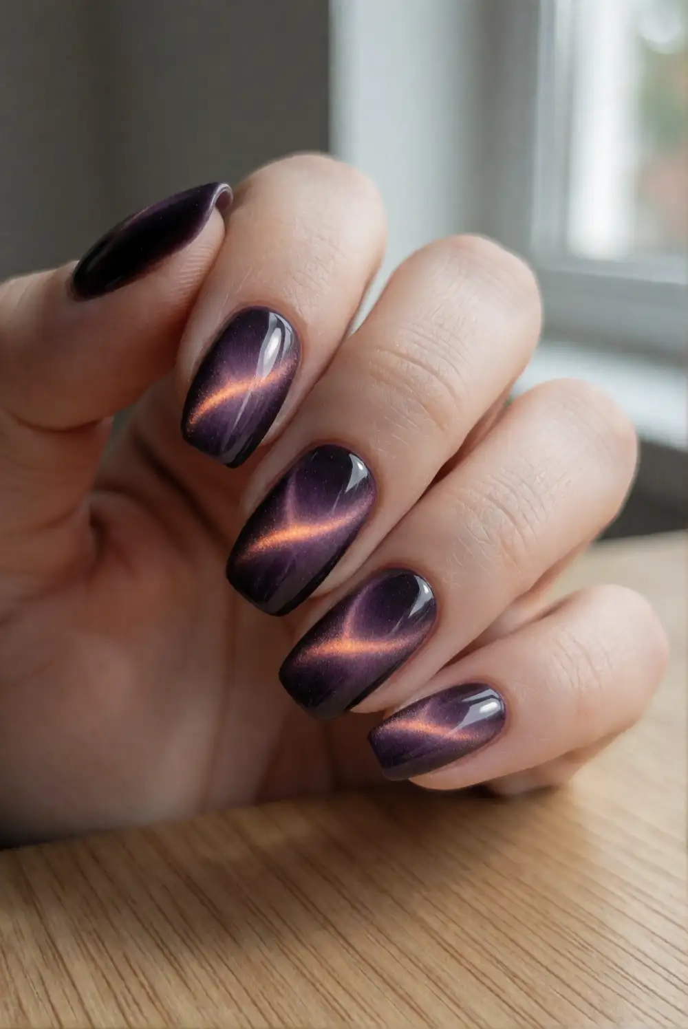 Plum Cat-Eye Shimmer Nails