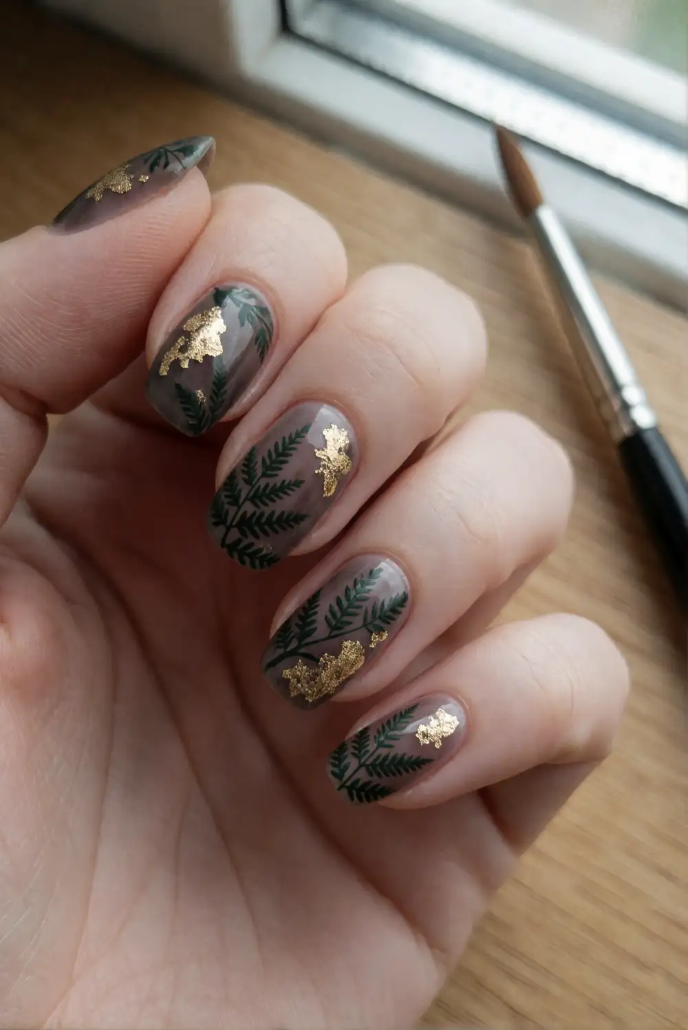 Pressed Fern and Gold Leaf Nails
