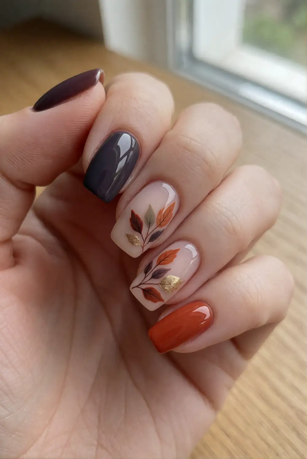 Pressed Leaf Accent Nails in Burnt Orange