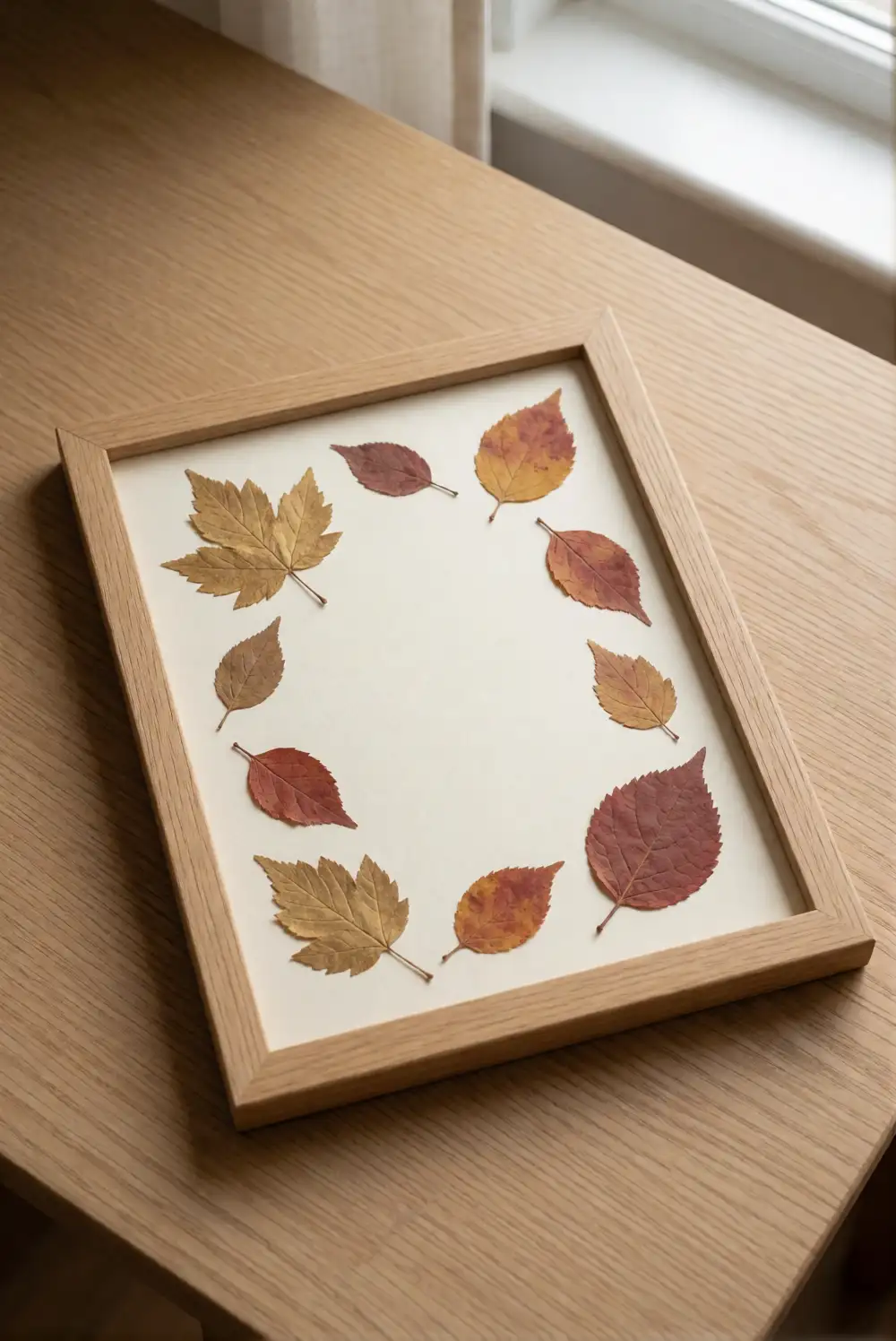 Pressed Leaf Frame with a Natural Wood Border