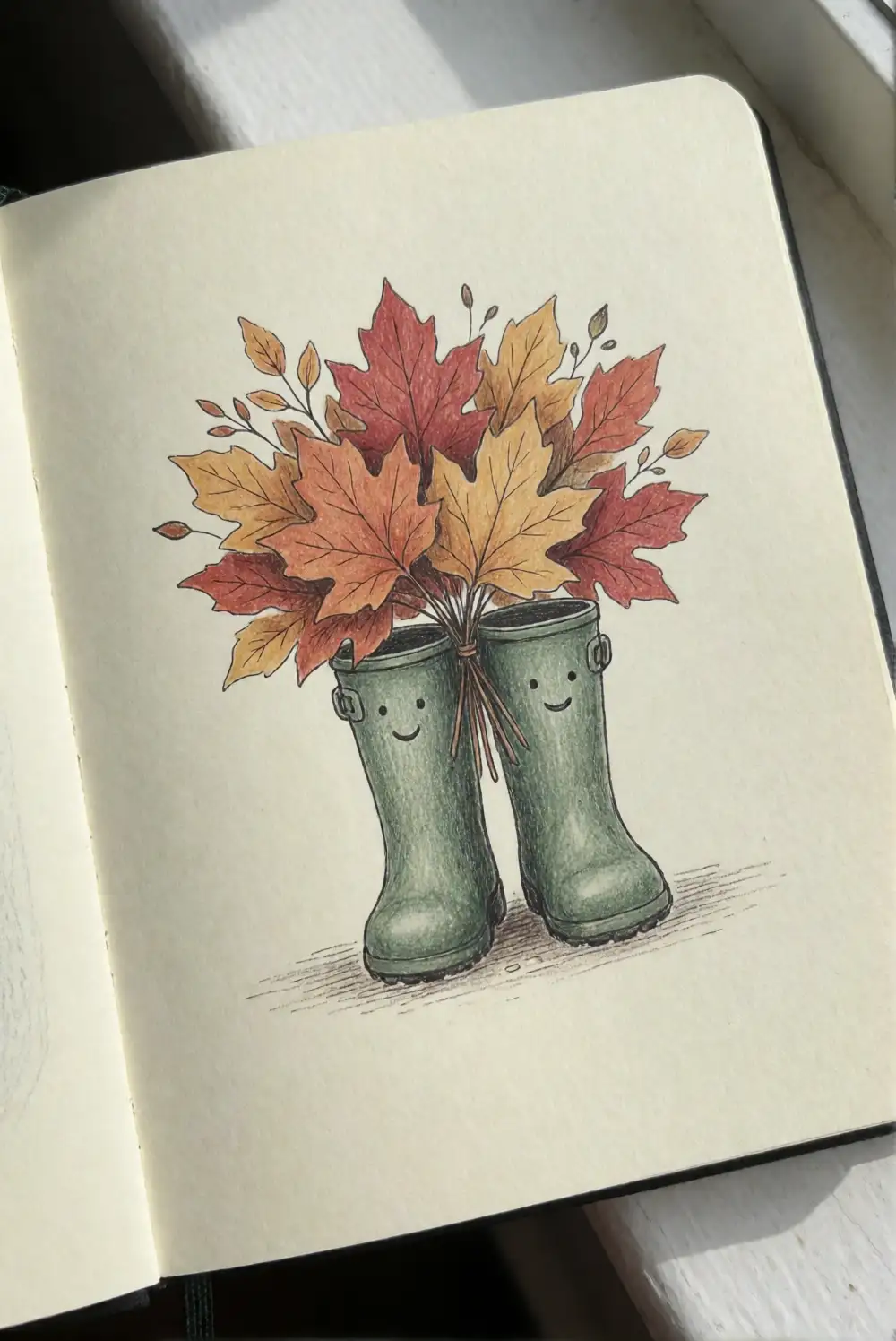 Rain Boots Holding a Bouquet of Fall Leaves