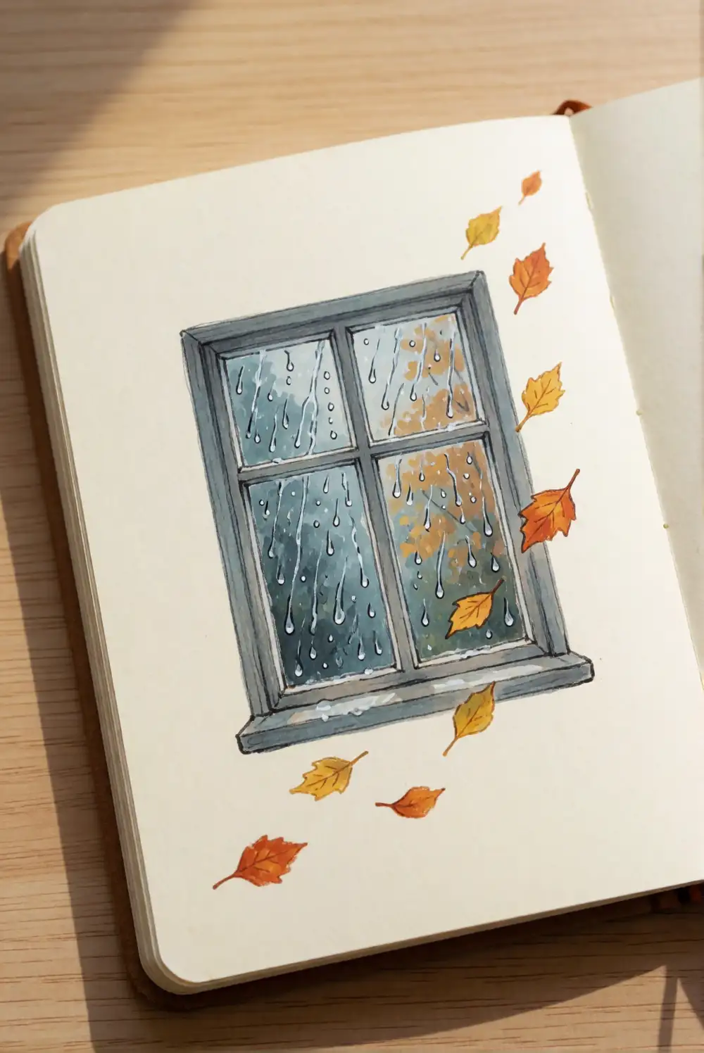 Rainy Window and Falling Leaves