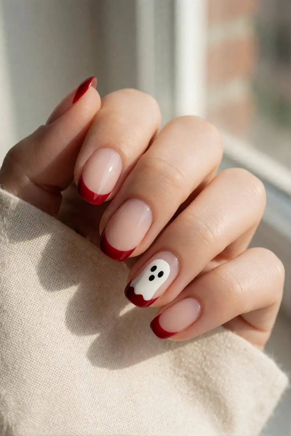 Red French Tips With a Ghost Accent
