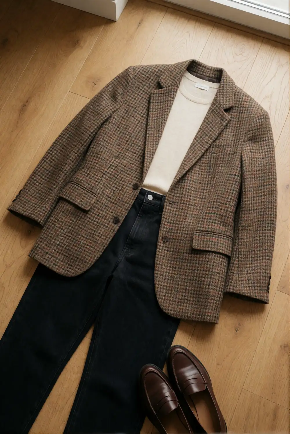 Relaxed Plaid Blazer with a Simple Knit Top