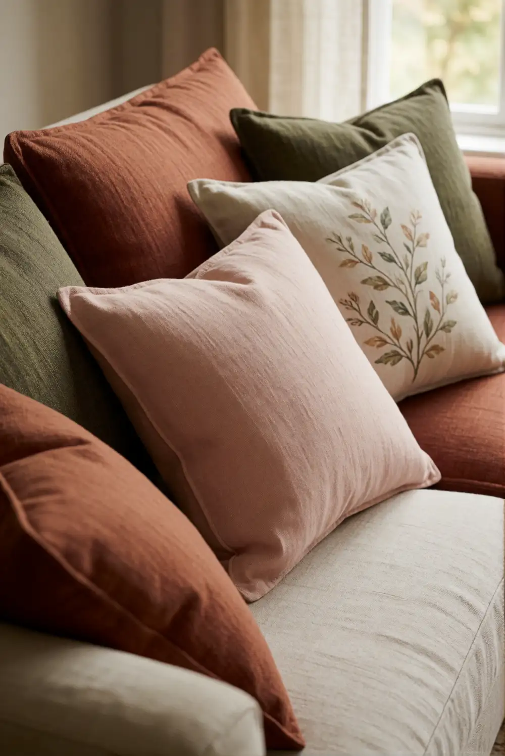 Rust, Blush, and Olive Sofa Cushion Mix