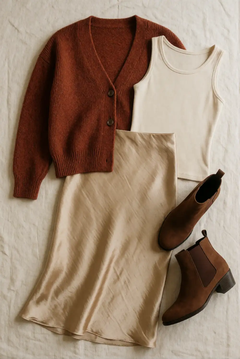 Rust Cardigan with a Satin Midi Skirt