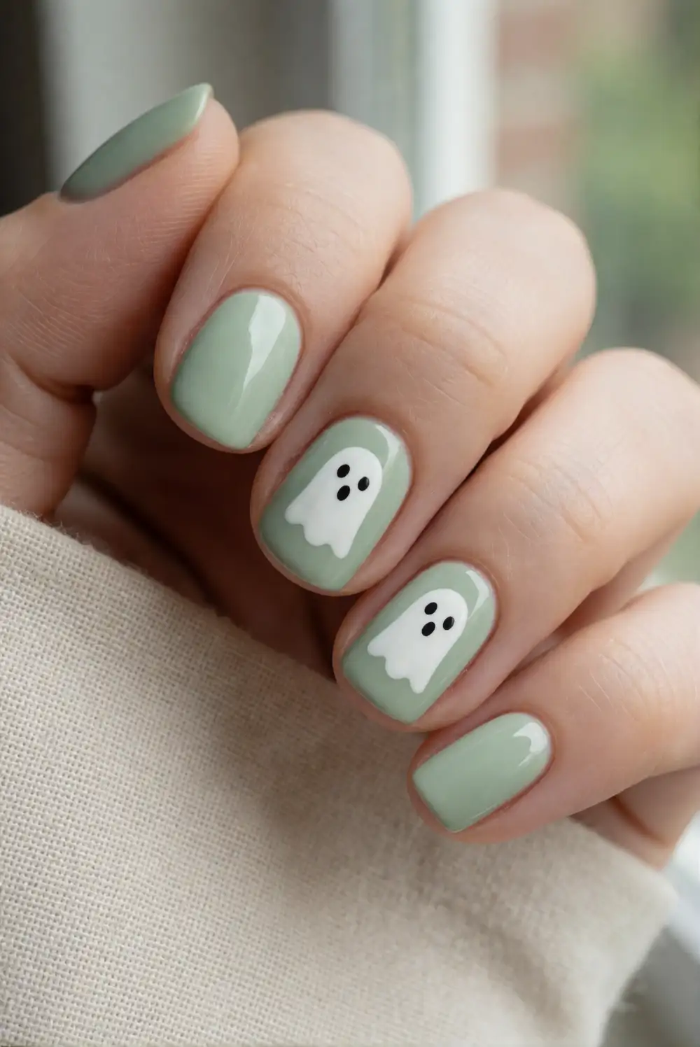 Sage Green Ghost Accent Nails
