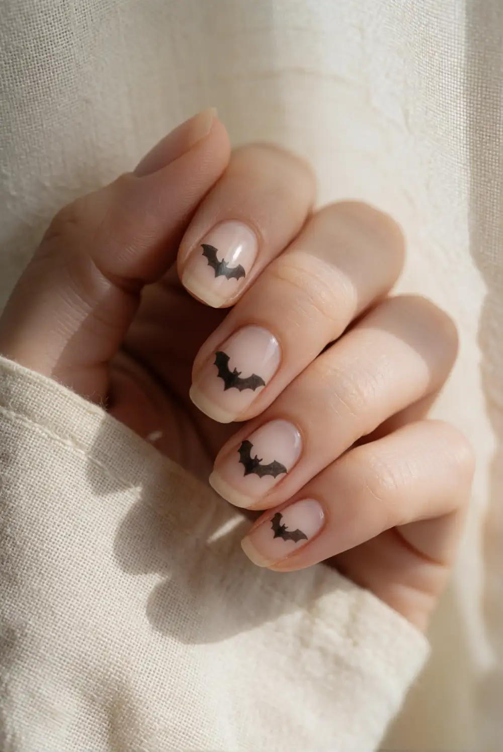 Sheer Beige Nails With Charcoal Bat Silhouettes