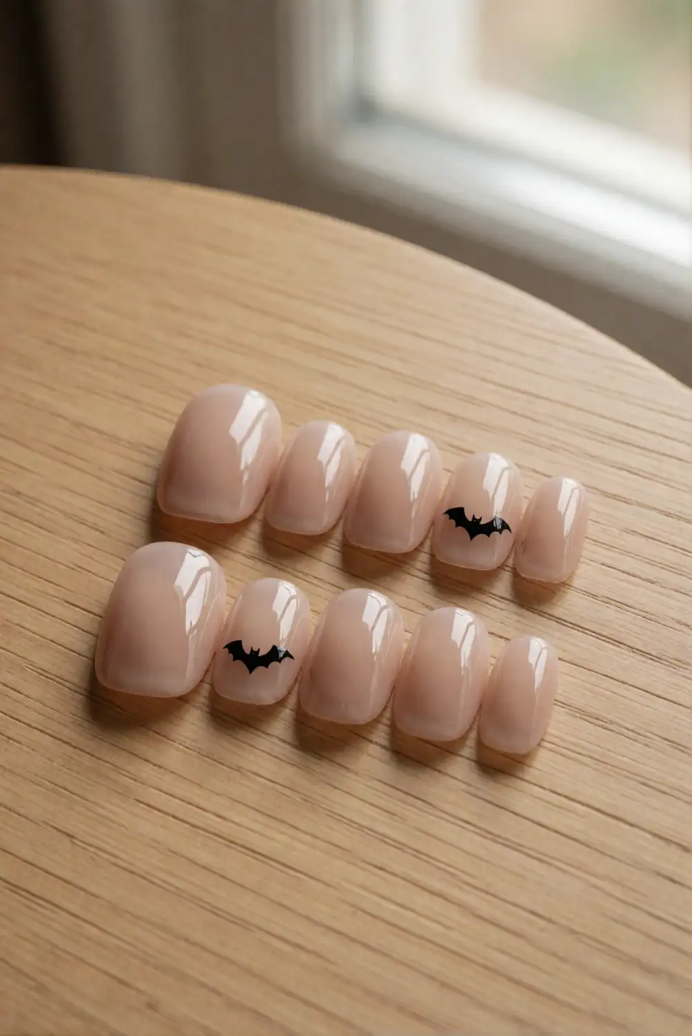 Sheer Nude Nails With Tiny Bat Accents