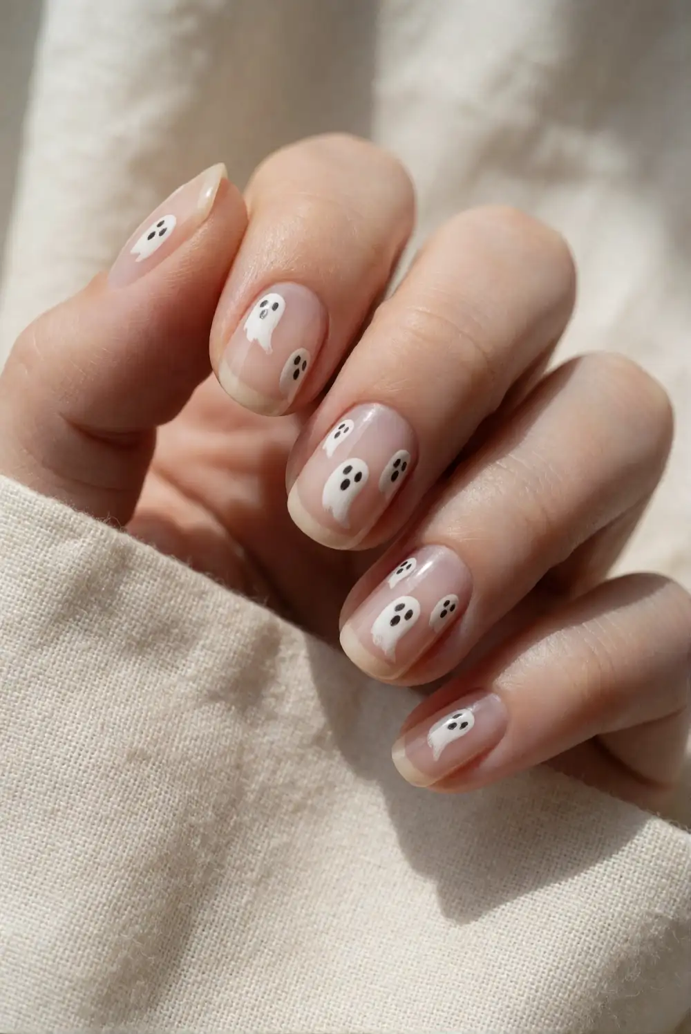 Sheer Nude Nails with Tiny Ghost Faces