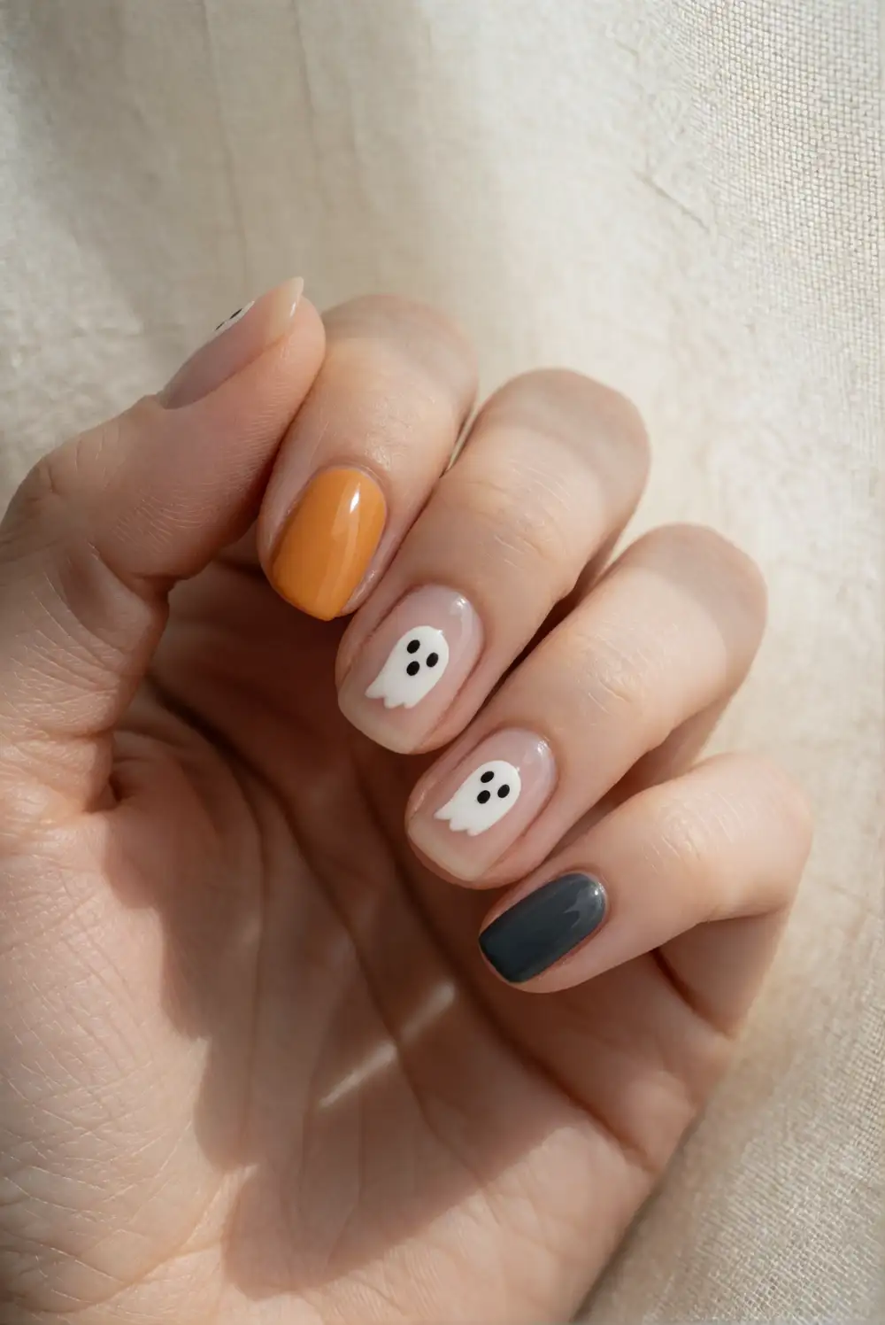 Sheer Nude Nails With Tiny Ghosts