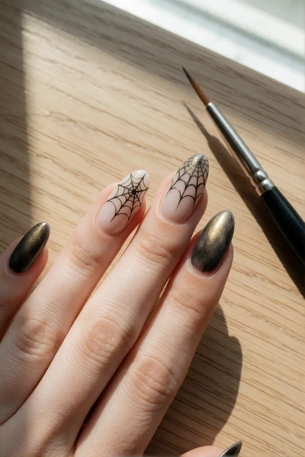 Sheer Nude Spiderweb Accent Nails