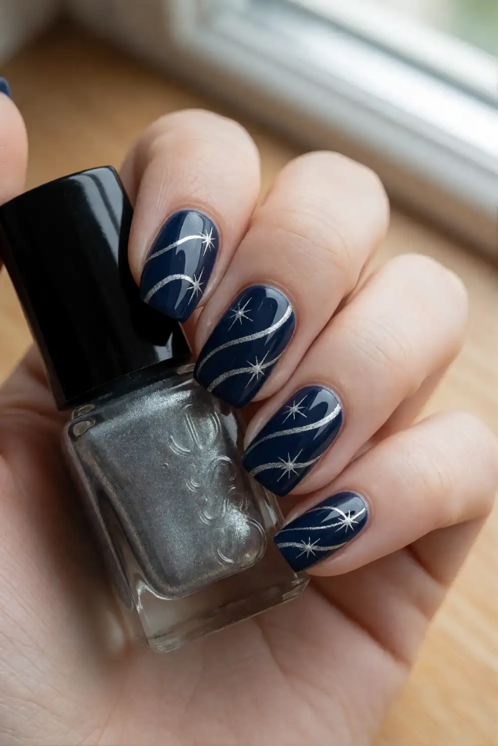 Silver Chrome Lines on Midnight Nails
