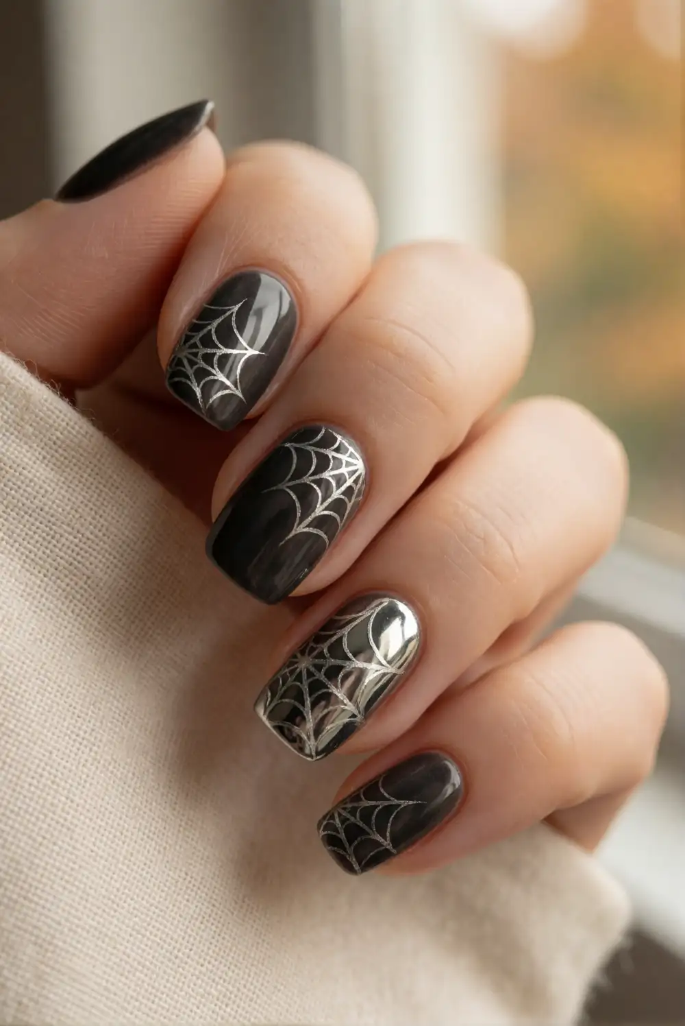 Silver Spiderweb Chrome Nails