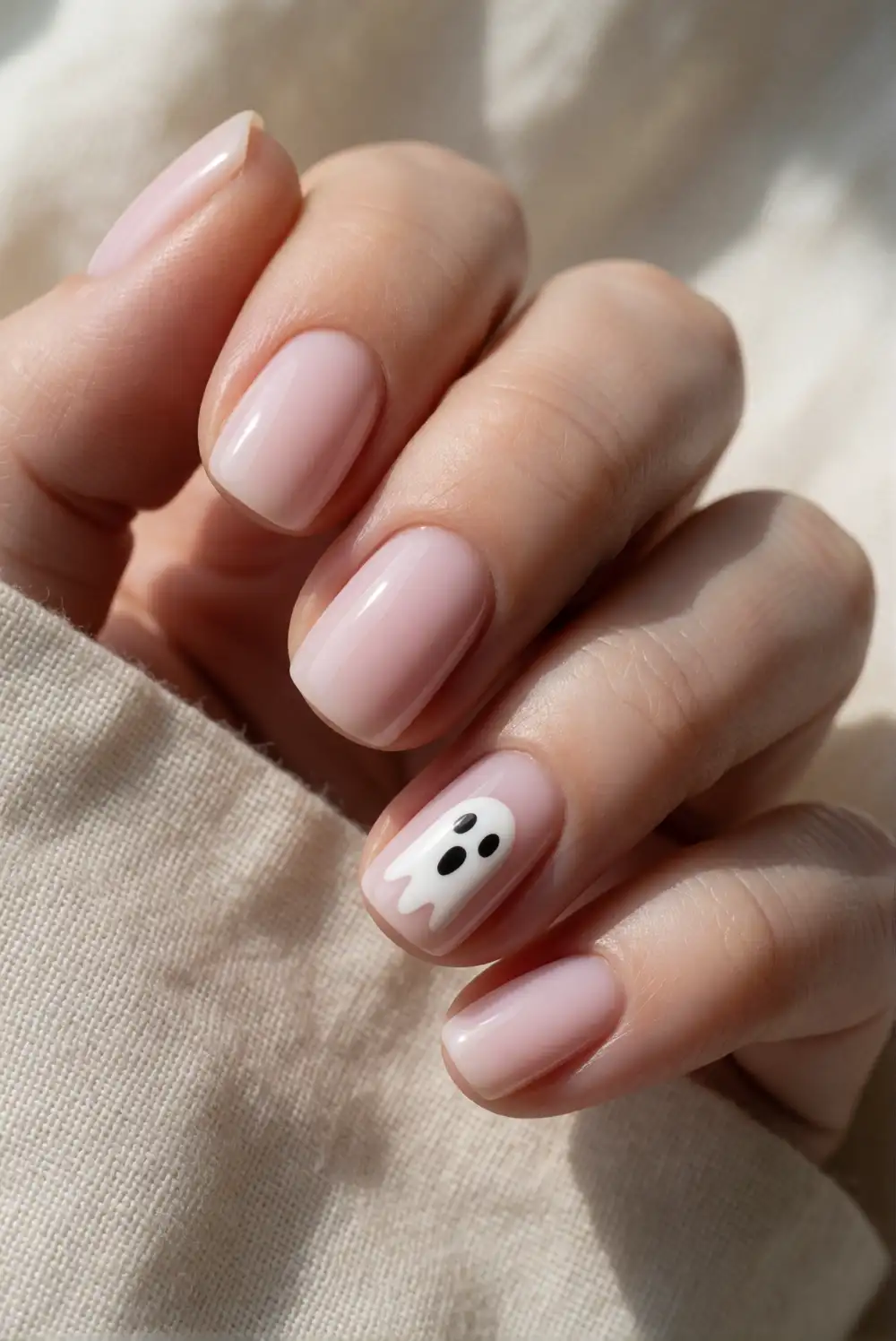 Single Accent Ghost on Milky Pink Nails
