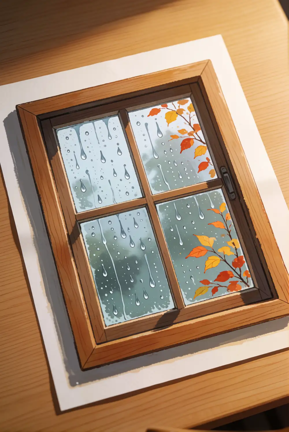 Sketch a Rainy Window with Falling Leaves
