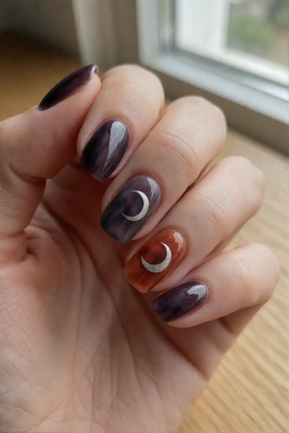 Smoky Plum Nails with Crescent Moon Accents