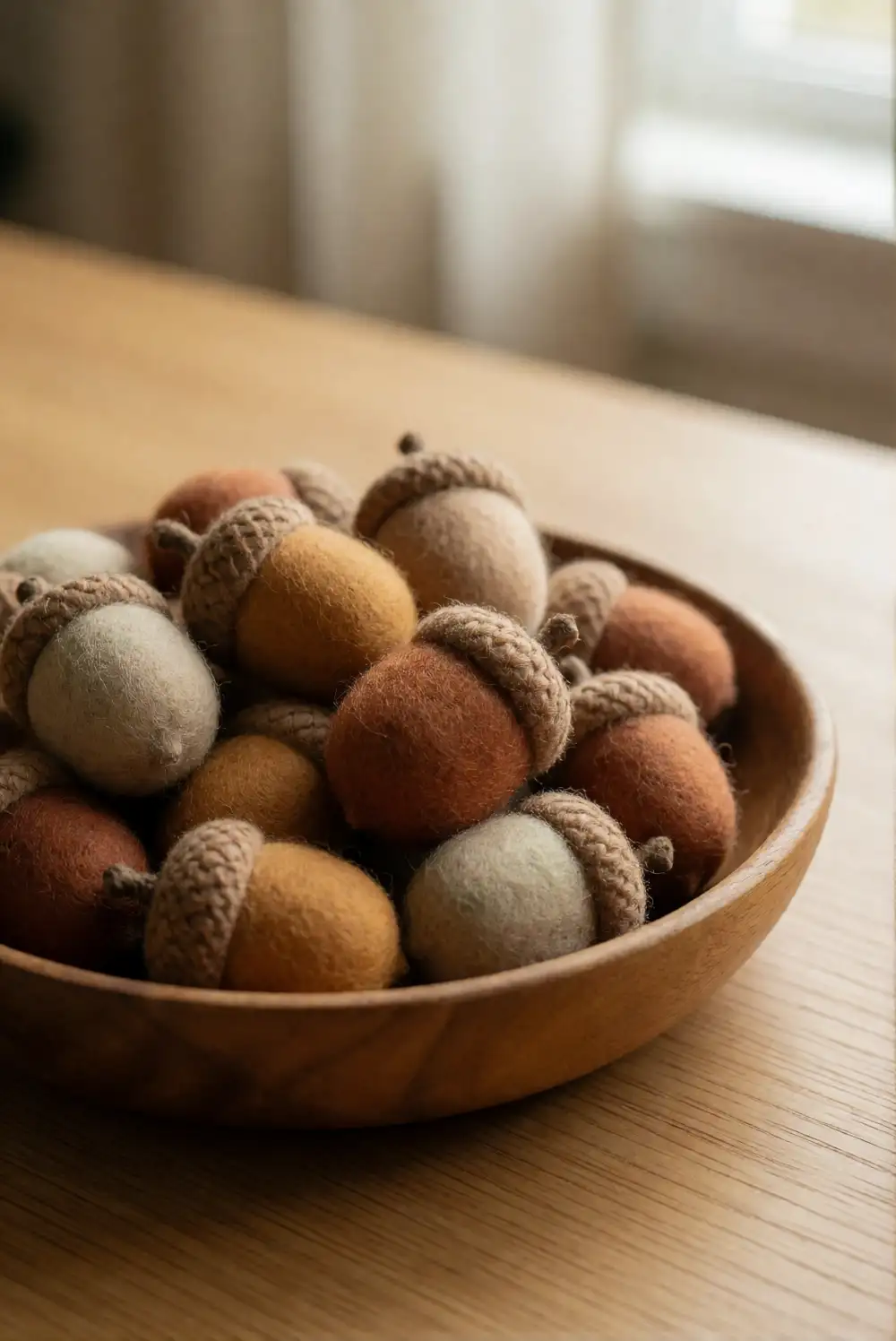 Soft Felt Acorns in a Wooden Bowl