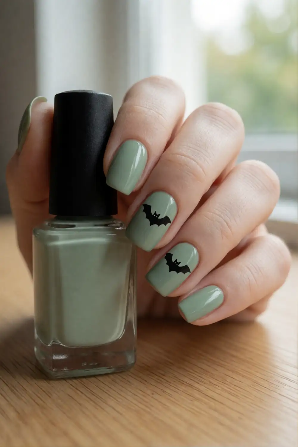 Soft Sage Nails with Tiny Black Bats