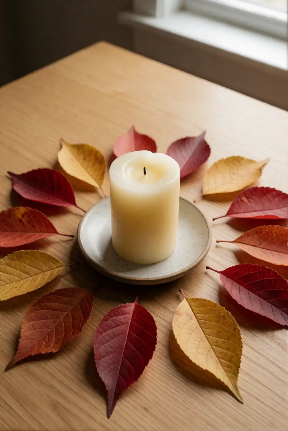Style a Candle with a Ring of Autumn Leaves