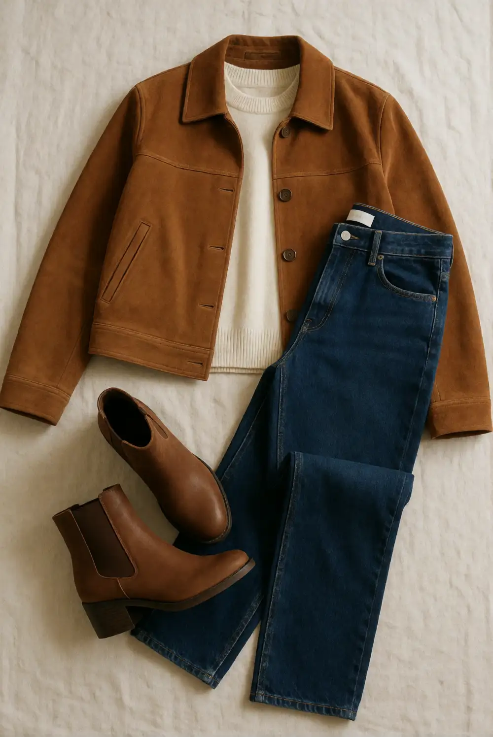 Suede Jacket with a Cream Knit and Dark Jeans