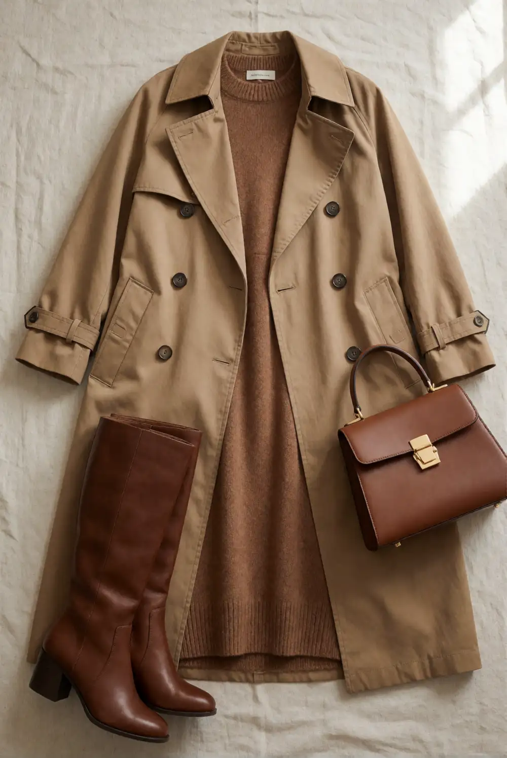 Tan Trench Coat with a Cinnamon Knit Dress