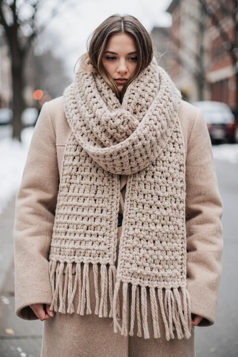 Textured Crochet Scarves As Statement Layers