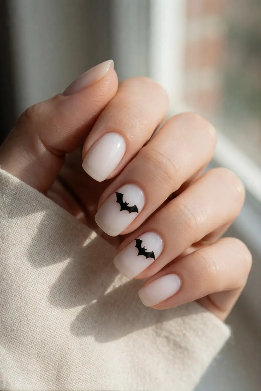 Tiny Bat Silhouettes on Milky White Nails