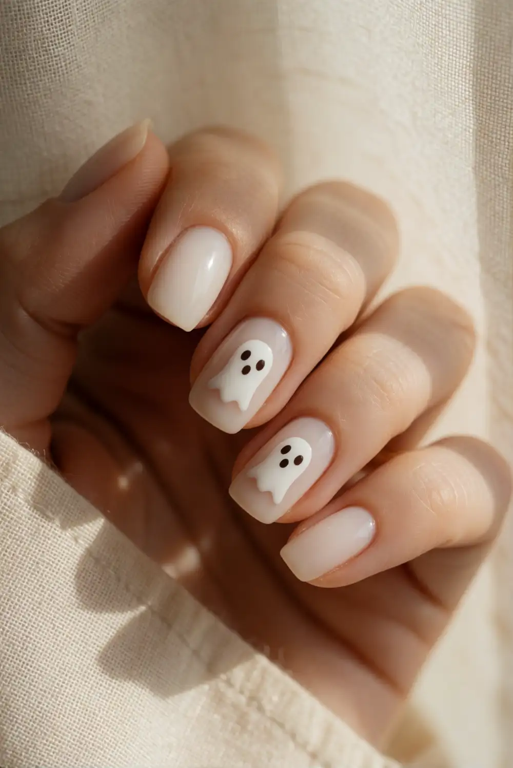Tiny Ghosts on Milky White Nails