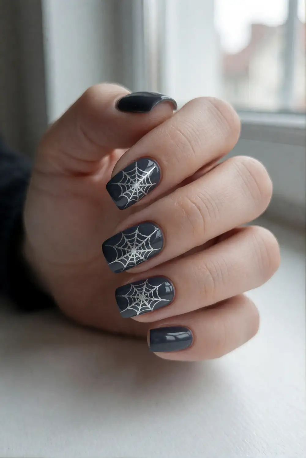 Tiny Spiderweb Corners on Charcoal Polish