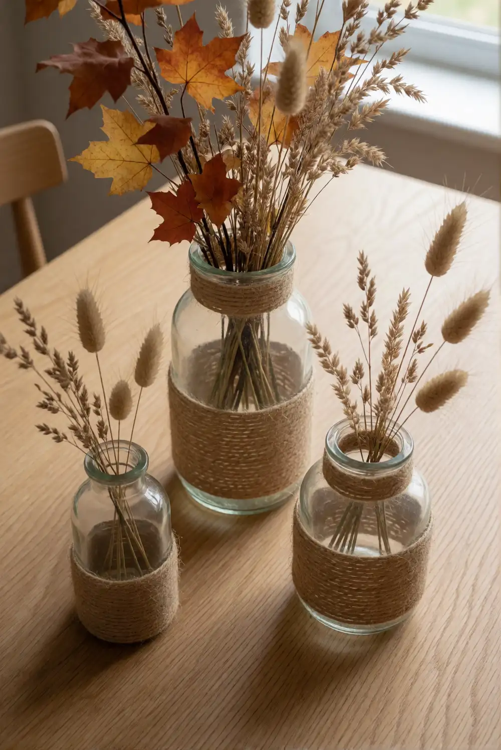 Twine-Wrapped Glass Vases with Dried Foliage