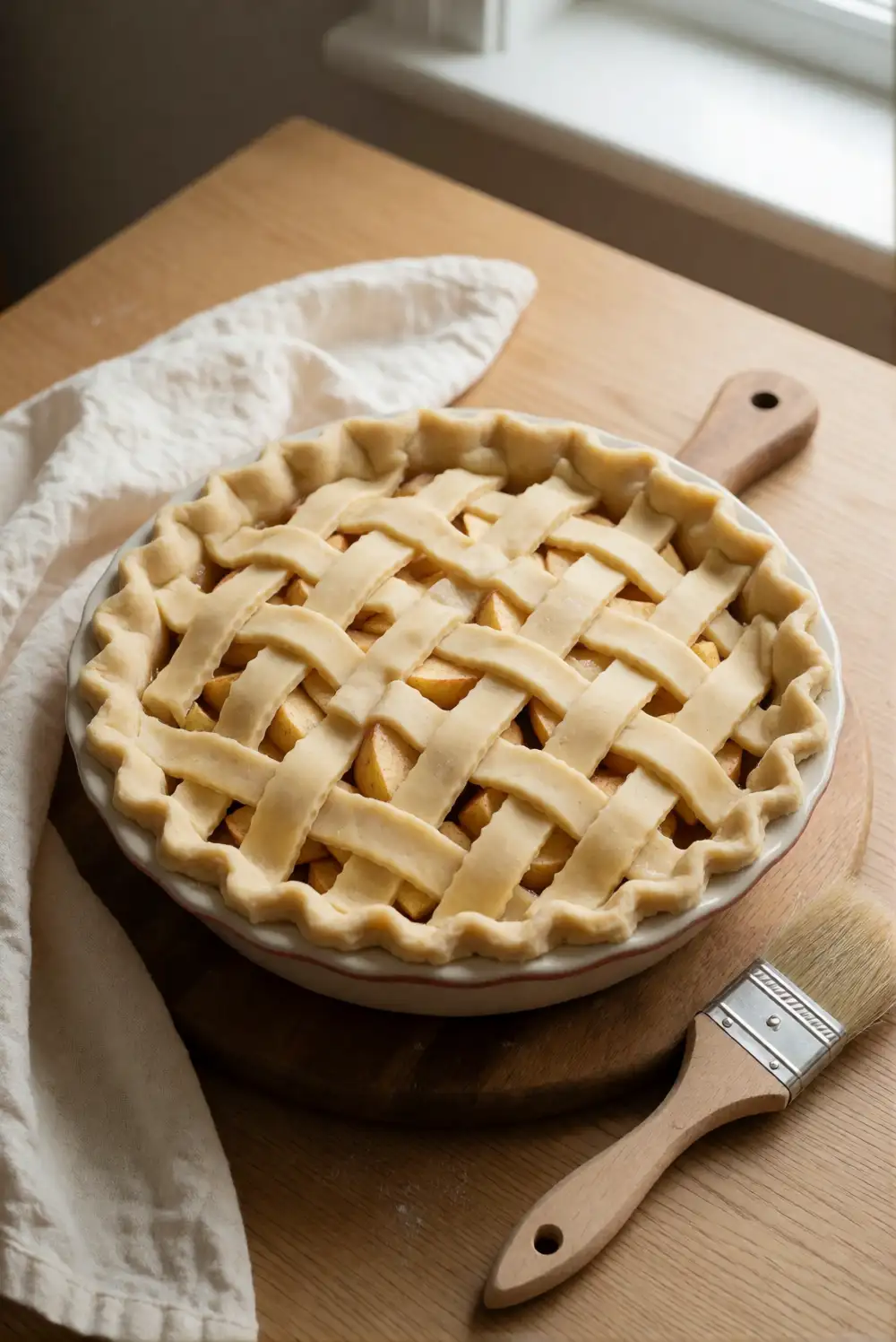 Unbaked Lattice Pie in a Ceramic Dish