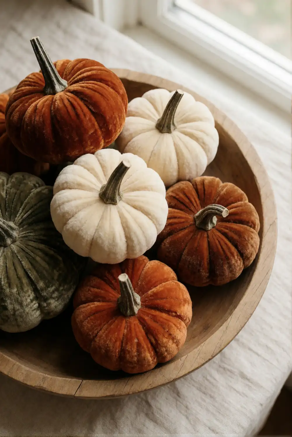 Velvet Pumpkins in a Shallow Bowl