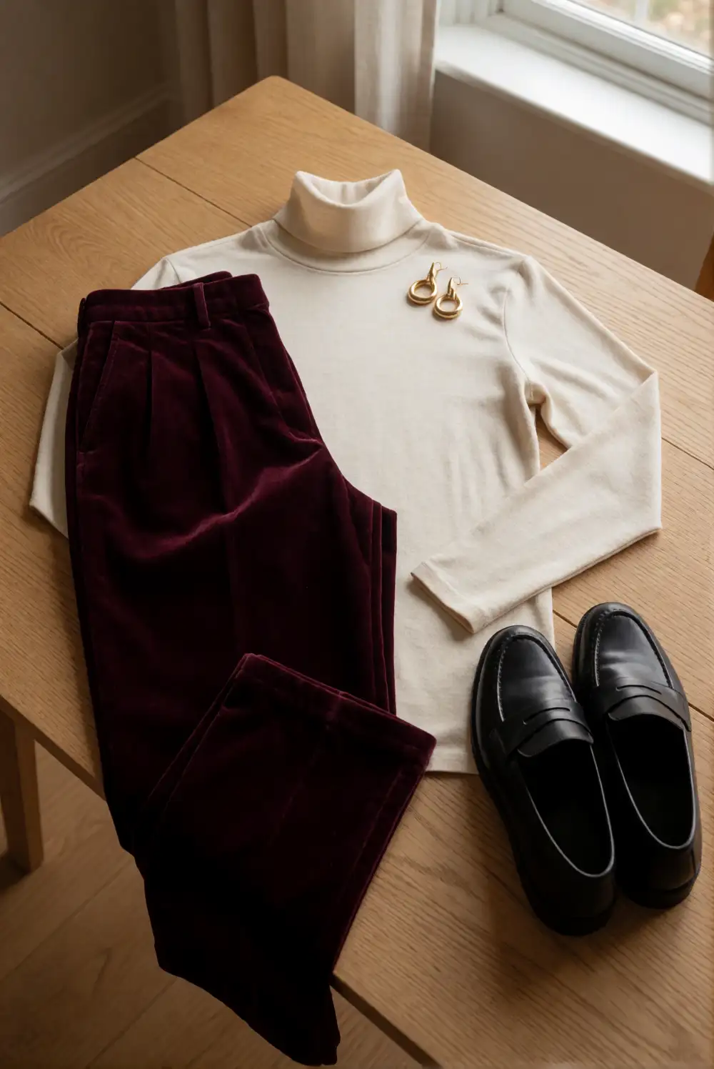 Velvet Trousers with a Fine-Gauge Turtleneck