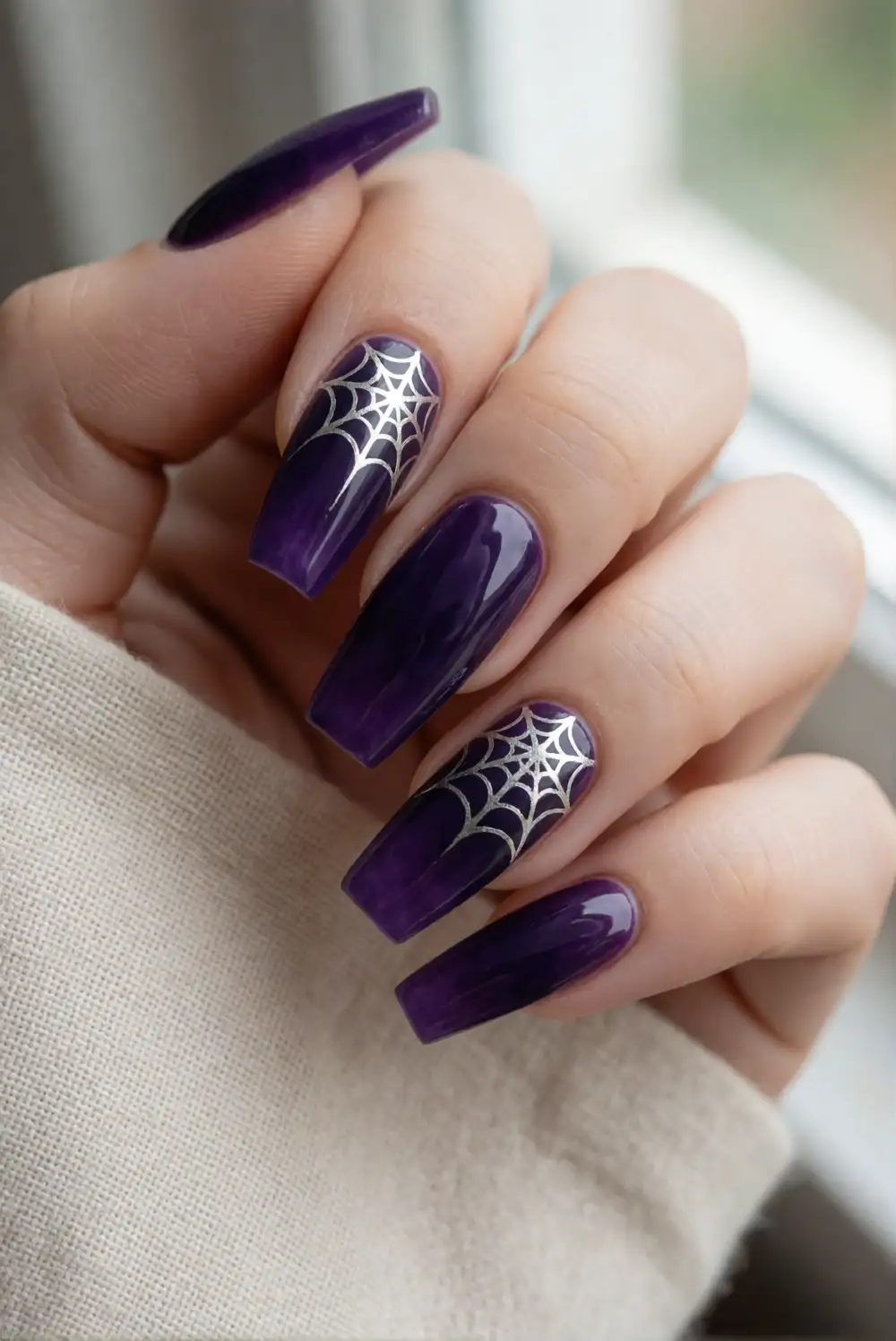 Violet Nails with Fine Spiderweb Accents