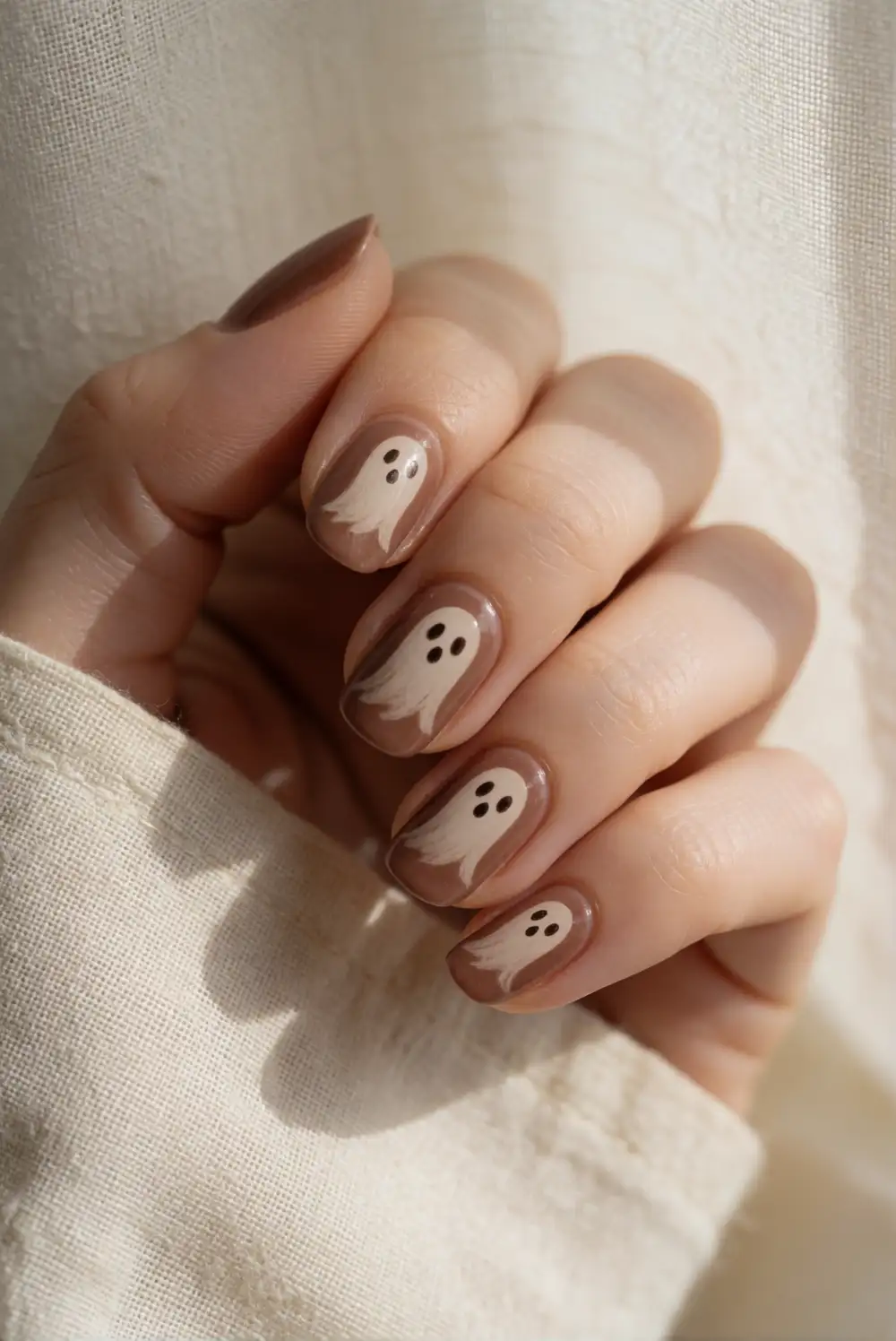 Warm Brown Nails With Negative-Space Ghost Silhouettes