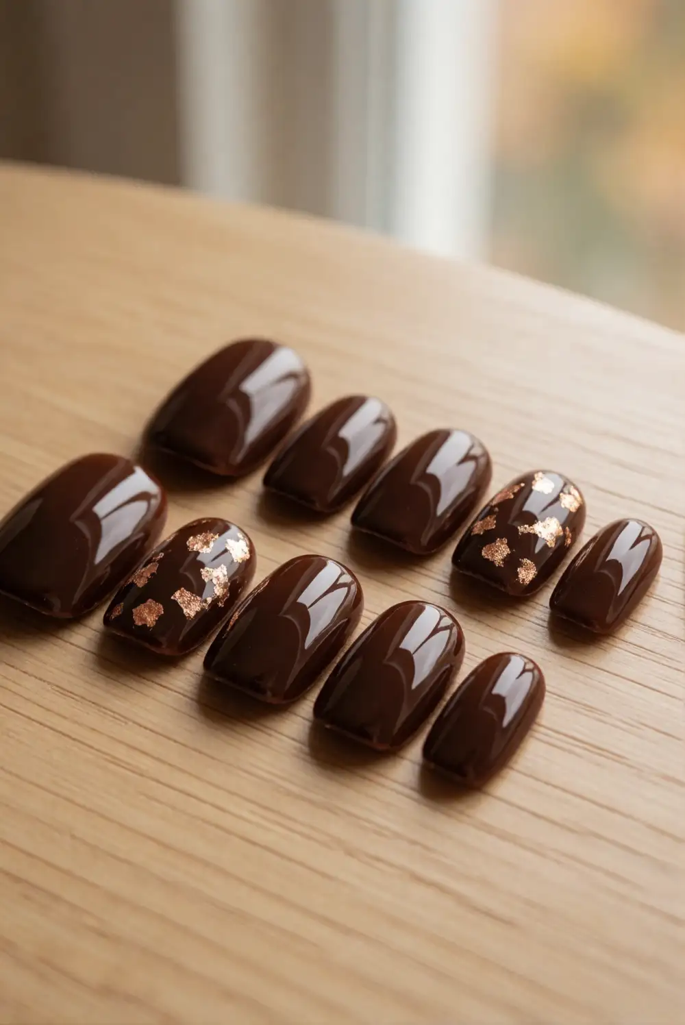 Warm Copper Foil on Glossy Espresso Nails