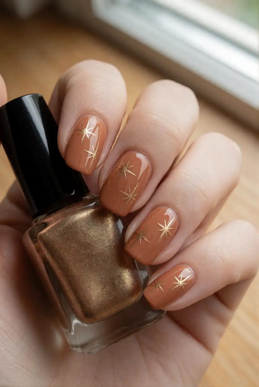 Warm Nude Nails with Gold Starbursts