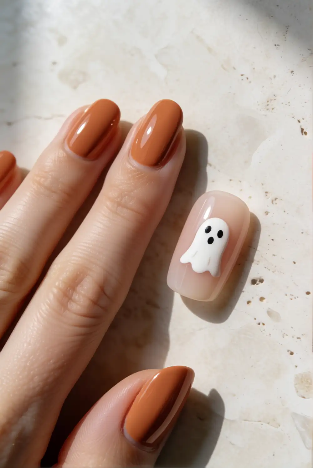 Warm Orange Nails with Ghost Accent Art